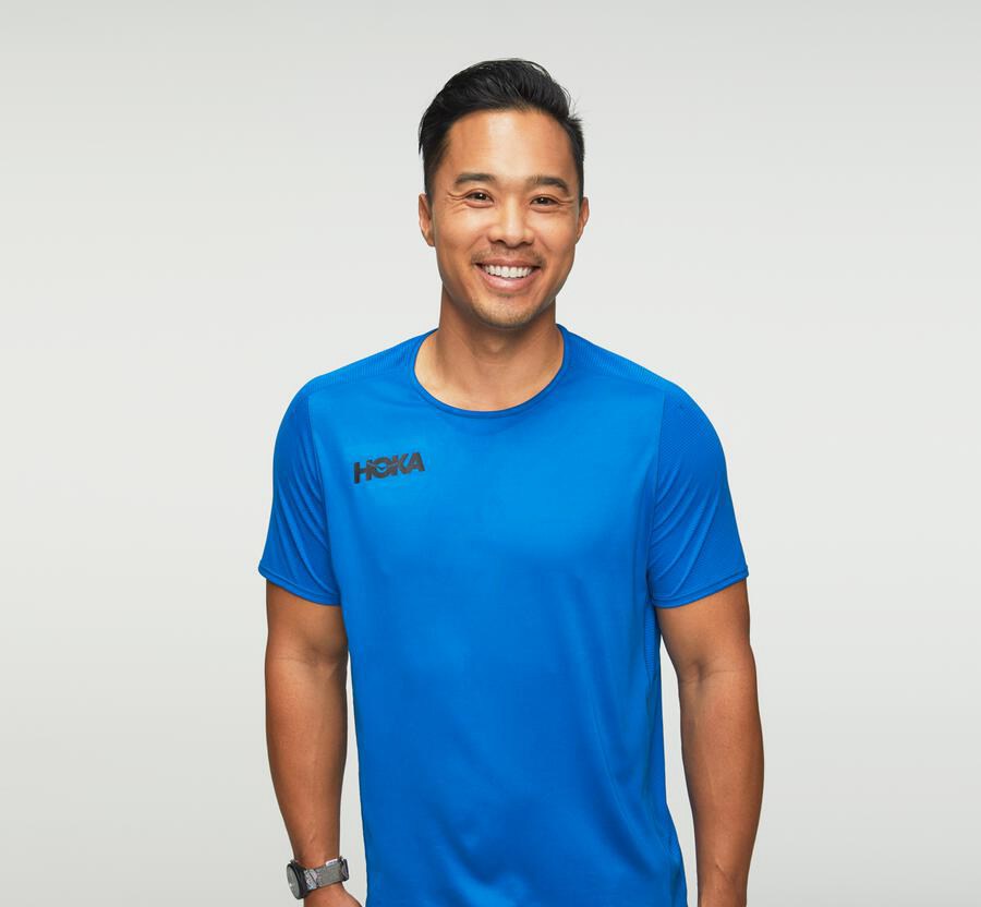 Top Hoka One One Hombre - Performance Short Sleeve - Azules - AKQ102396